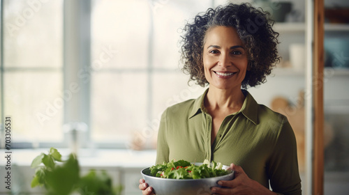 Middle-aged woman holds bowls of salad in the kitchen