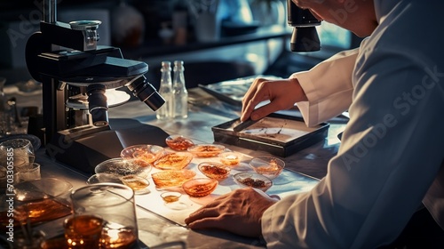 Close-up of a young scientist conducting tests, using a microscope in a modern scientific medical laboratory. Healthcare, pharmaceuticals, microbiology, biotechnology, biology concepts.