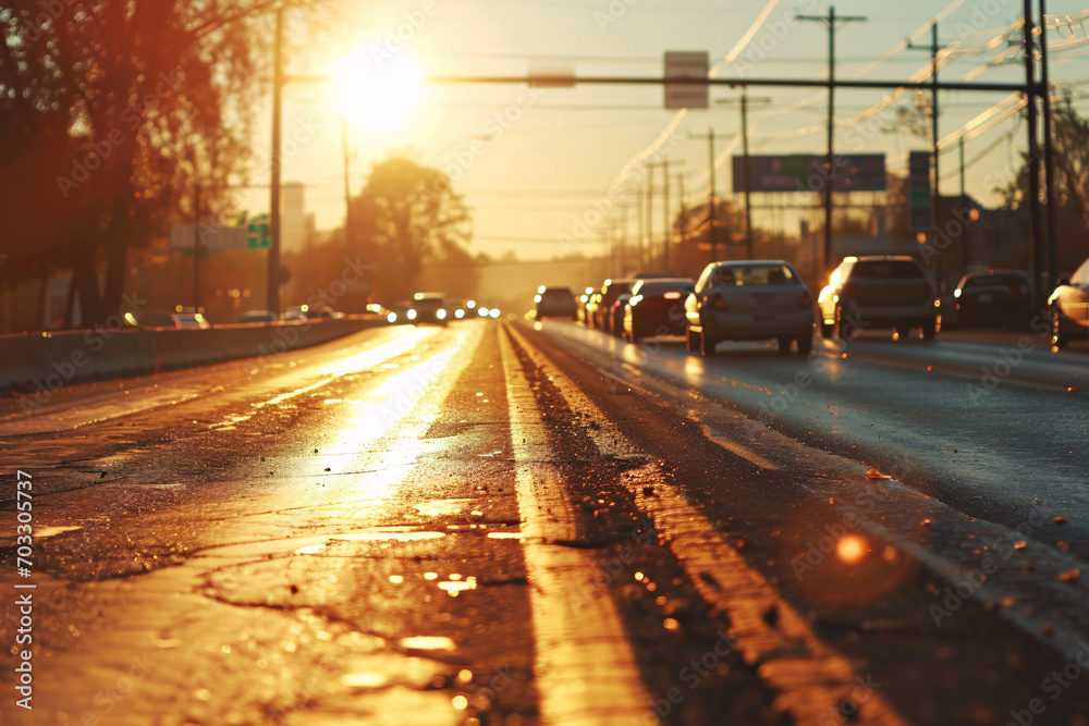 Sunset road scene with gleaming wet surface