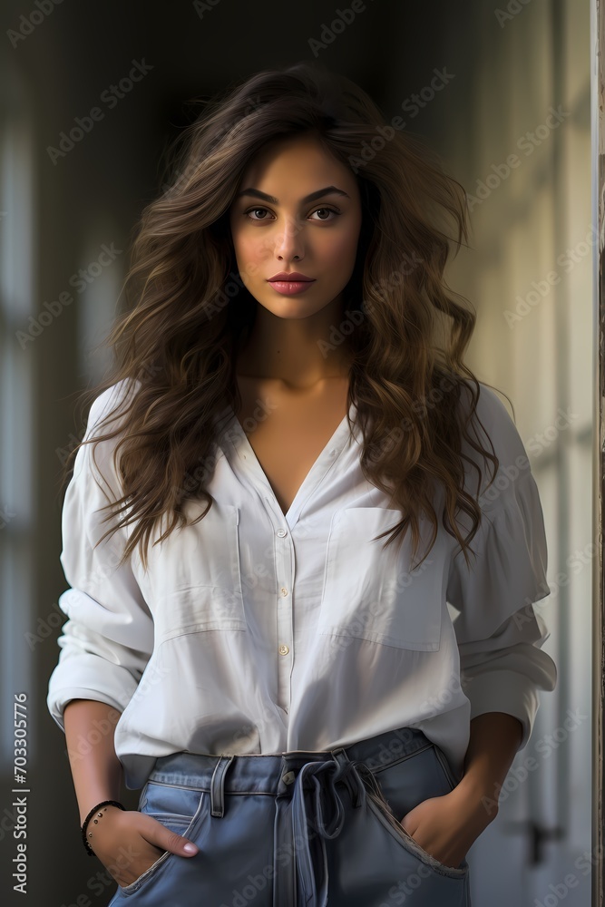 The effortless beauty of a model in a loose white blouse and light-washed denim jeans, radiating confidence against a seamless white wall. The effortless beauty of a model in a loose white blouse and light-washed denim jeans, radiating confidence against a seamless white wall.