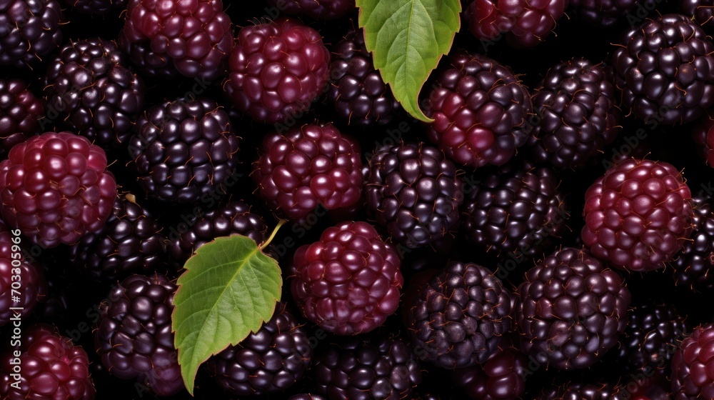 a pile of black raspberries with a leaf on top of one of the raspberries on the other. a pile of black raspberries with a leaf on top of one of the raspberries on the other.