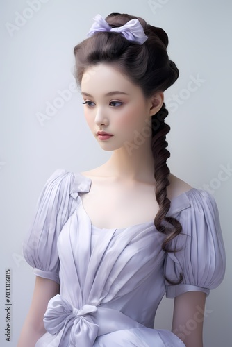 The enchanting allure of a Japanese woman with a sophisticated French braid, wearing a graceful lavender ballet dress, gently posed against a pristine white studio backdrop.