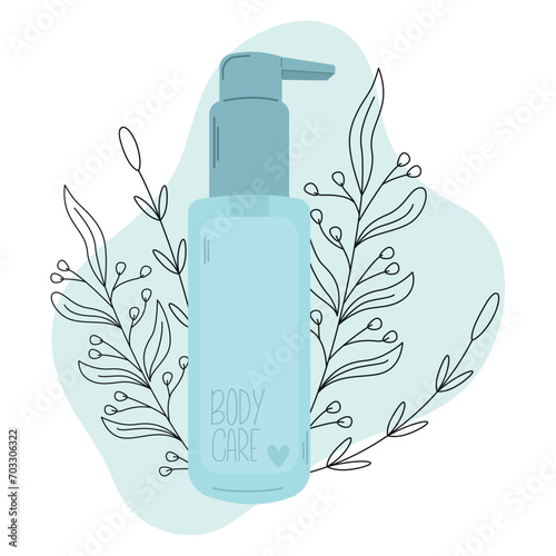 Plastic bottle dispenser with cosmetic lotion for body care and moisturizing. Vector.