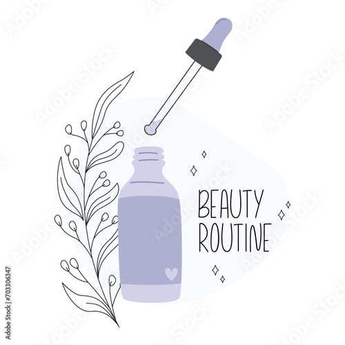 Glass dropper bottle with cosmetic serum for skin care. Face skin routine. Vector.