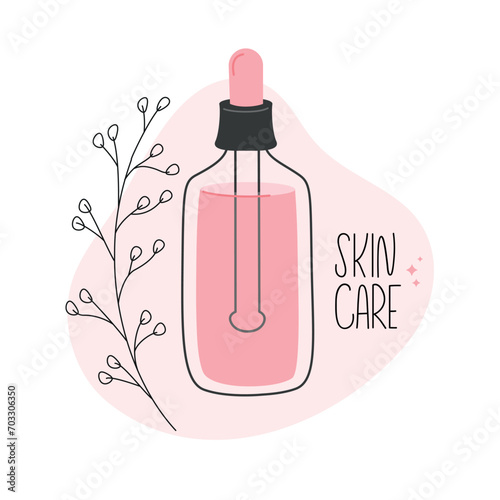 Glass bottle dropper with cosmetic product for skin care. Body care routine. Vector.