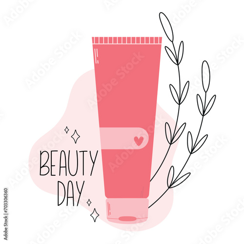 Daily skin and body care. Hand cream bottle with flower background. Moisturizing lotion. Vector.