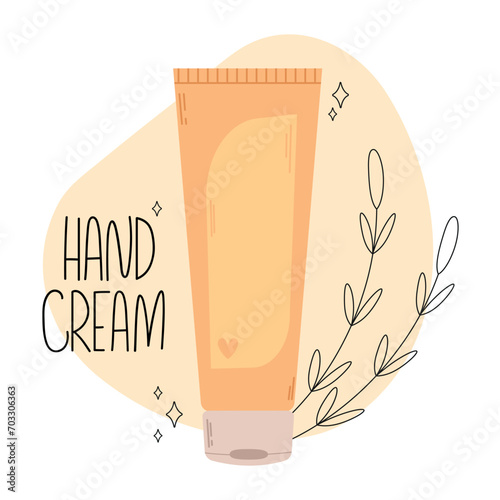 Hand cream bottle for daily skin and body care with flower background. Moisturizing lotion. Vector.
