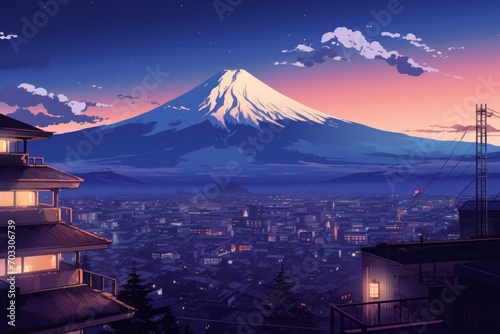 Add a touch of anime mystique to your project with a background presenting Mount Fuji from the perspective, Generative AI
