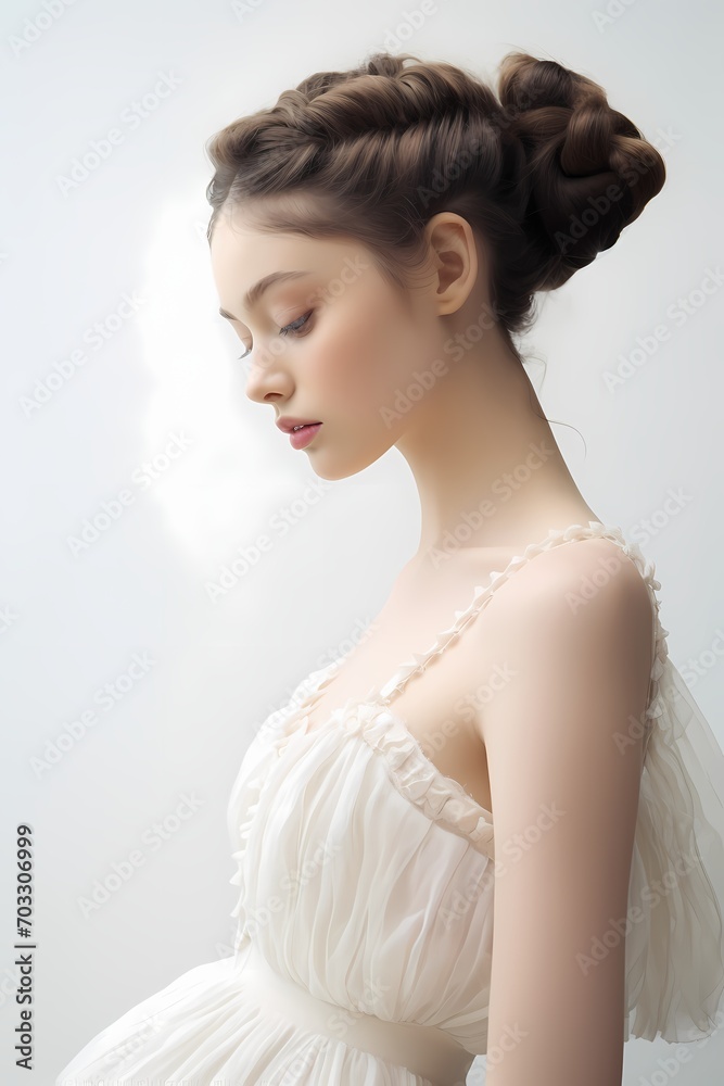 The enchanting elegance of a Japanese woman with an intricately woven French braid, wearing a flowing ivory ballet dress, gracefully posed against a pure white studio backdrop.