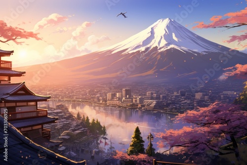 Celebrate the dynamic nature of anime artistry with a background featuring Mount Fuji against a city backdrop, where characters, Generative AI © ManusiaIkan