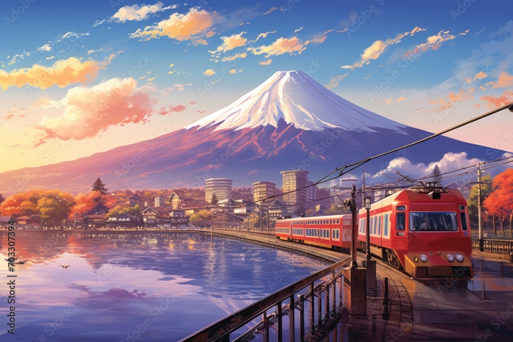  Infuse your design with the magic of anime imagination using a background that showcases Mount Fuji, Generative AI - obrazy, fototapety, plakaty 