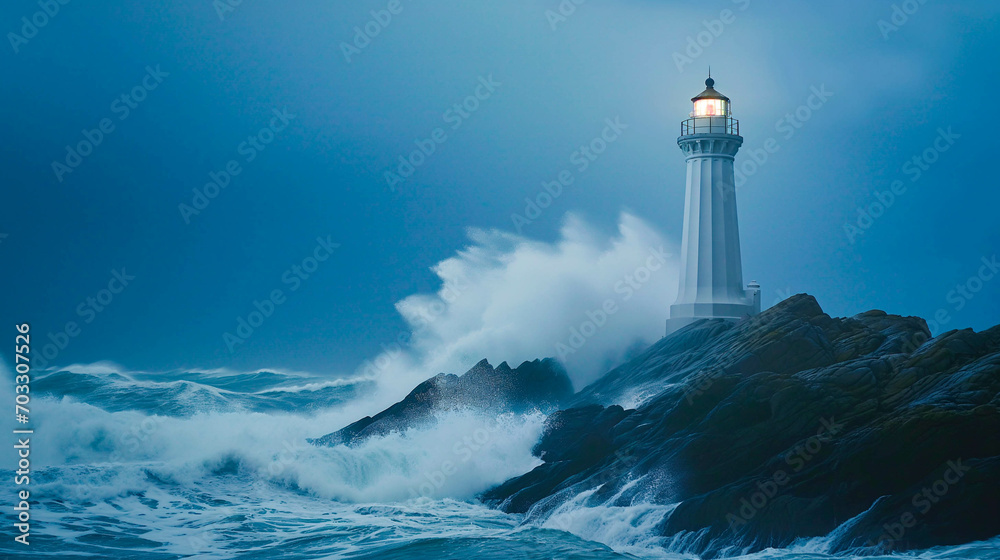 グローバル企業のリーダーが逆境の中で企業を成功に導くイメージ　嵐の中の灯台