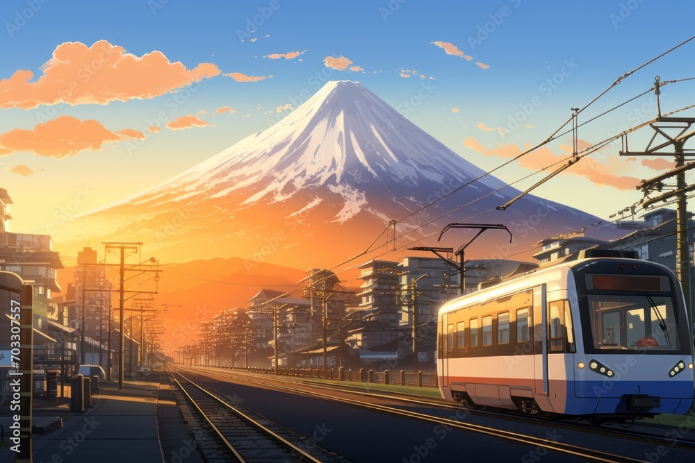 Transport your audience to the heart of anime storytelling with a background featuring Mount Fuji in the background, Generative AI