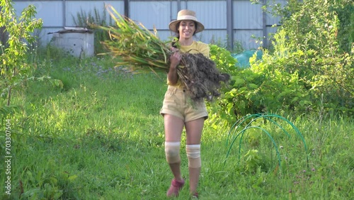 a girl in hat collects garlic, puts it in a bunch and carries it, country house, vegetable garden photo