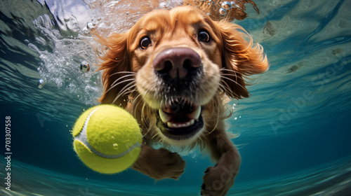 golden retriever dog playing with ball underwater