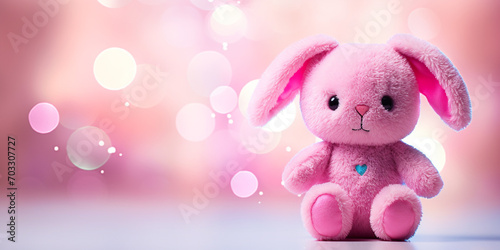 plush pink toy rabbit on blurred bokeh background