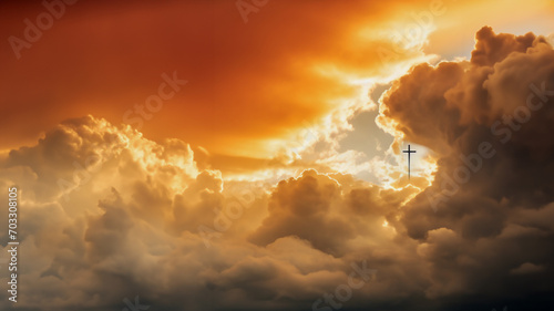 A sunrise with a small cross in the sky, a powerful symbol of rebirth and hope.