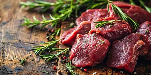 Fresh horse meat fillet sliced ​​on a wooden board with a sprig of rosemary photo