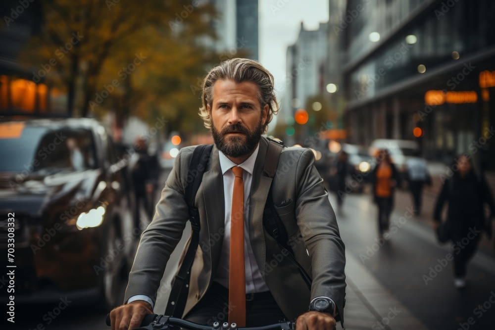 Stylish bearded businessman cycling to the office in his work attire, merging fashion and function on the city road, Generative AI Stylish bearded businessman cycling to the office in his work attire, merging fashion and function on the city road, Generative AI
