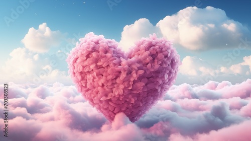 Fluffy heart shaped cloud in the blue sky. Heart made of clouds in the sky. Love romantic theme. Love background with copy space. Valentine's Day, Mother's Day concept. 