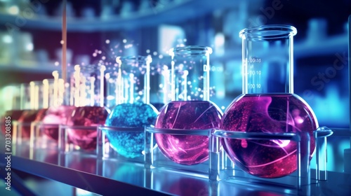 Closeup of identical flasks with blue and pink contents in a modern scientific medical laboratory. New drug development, research, pharmaceuticals, biotechnology, microbes, biology, chemistry concepts