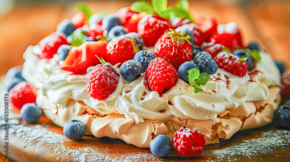 Pavlova, a classic Australian dessert, topped with whipped cream and fresh fruit, blueberry, strawberry, raspberry, Australia Family Day celebration, food concept, generative ai Pavlova, a classic Australian dessert, topped with whipped cream and fresh fruit, blueberry, strawberry, raspberry, Australia Family Day celebration, food concept, generative ai