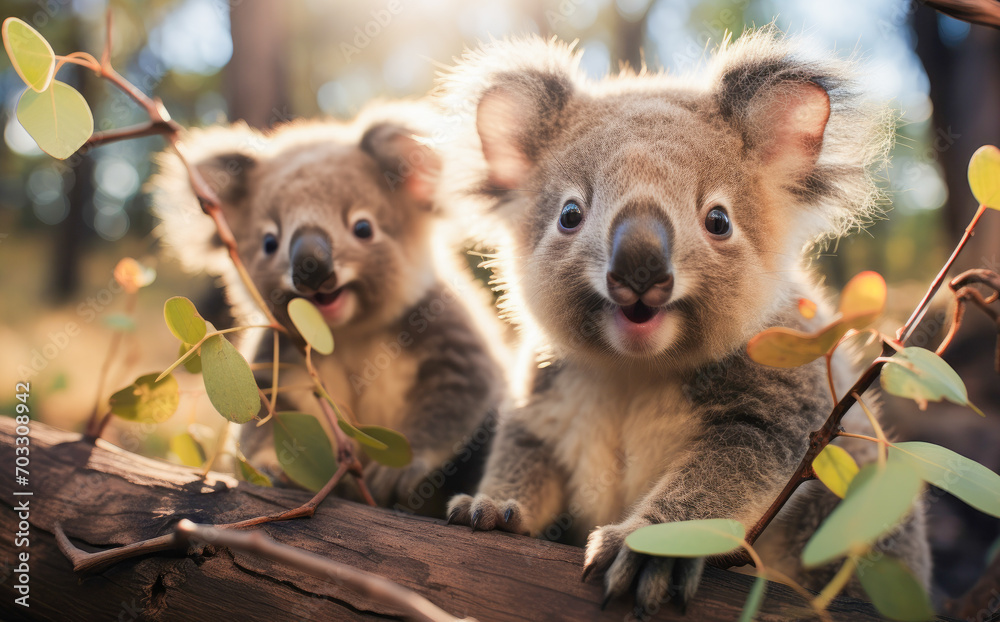 AI generated illustration of a group of koalas in a forest, looking curious and concentrated AI generated illustration of a group of koalas in a forest, looking curious and concentrated