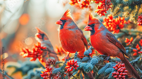 AI generated illustration of red-colored exotic birds perched on a branch in a lush forest © Wirestock
