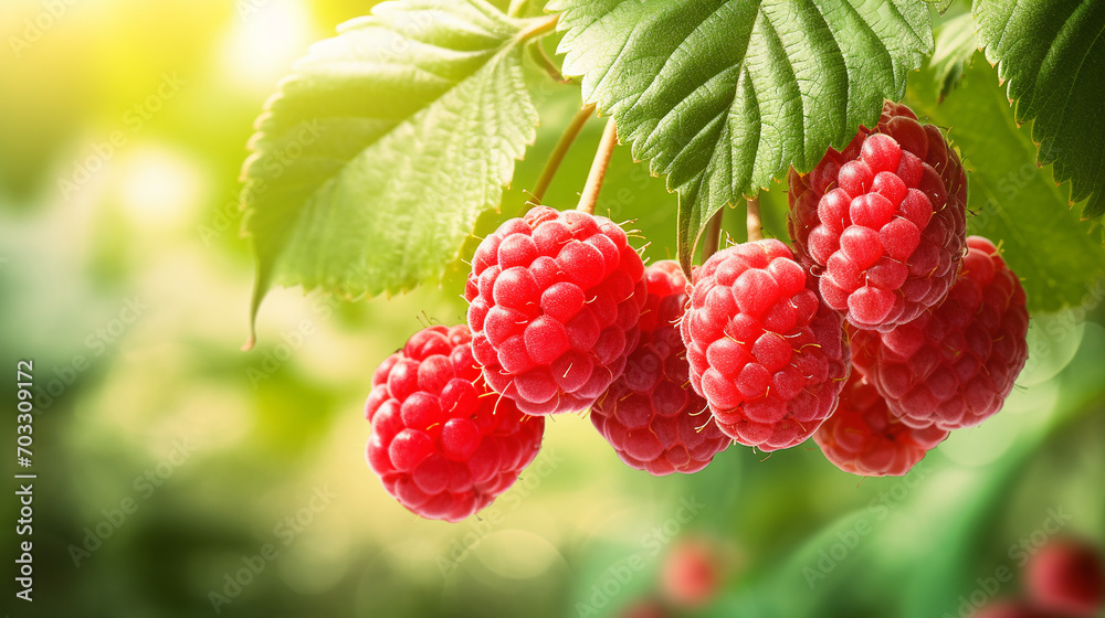 A branch of ripe raspberries in the garden on a blurred background. A branch of ripe raspberries in the garden on a blurred background.