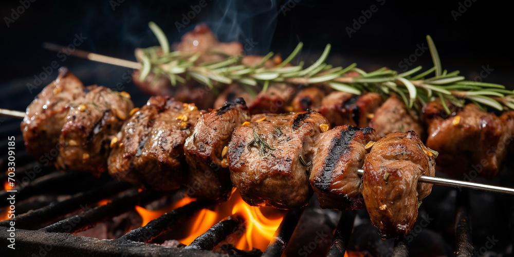 lamb kebab with rosemary and spices, cooked on the grill