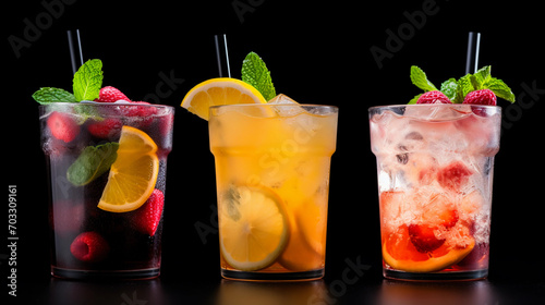 Closeup of fresh iced fruit drinks on black background Copy space image Place for adding text or design 