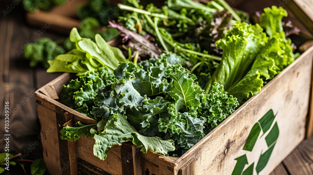 An eco-friendly cardboard box adorned with the universal recycling symbol, brimming with fresh, vibrant lettuce, representing sustainable packaging solutions and the organic food movement. An eco-friendly cardboard box adorned with the universal recycling symbol, brimming with fresh, vibrant lettuce, representing sustainable packaging solutions and the organic food movement.