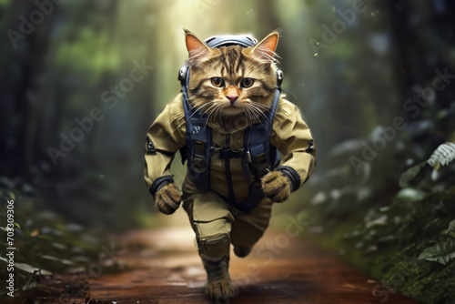 a cat wearing an adventure suit is running in the forest