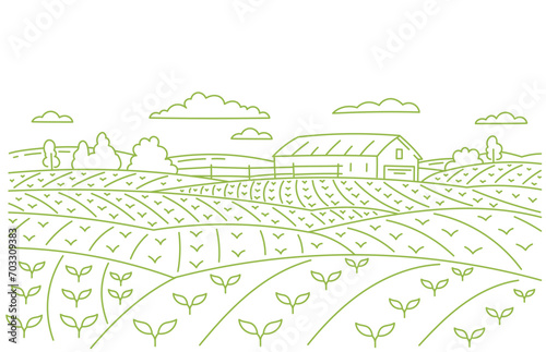 Landscape field panorama. Young shoot. Farm barn. Vector line. Editable outline stroke.