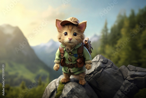 cute terrier cat dressed as a forest explorer is climbing a mountain