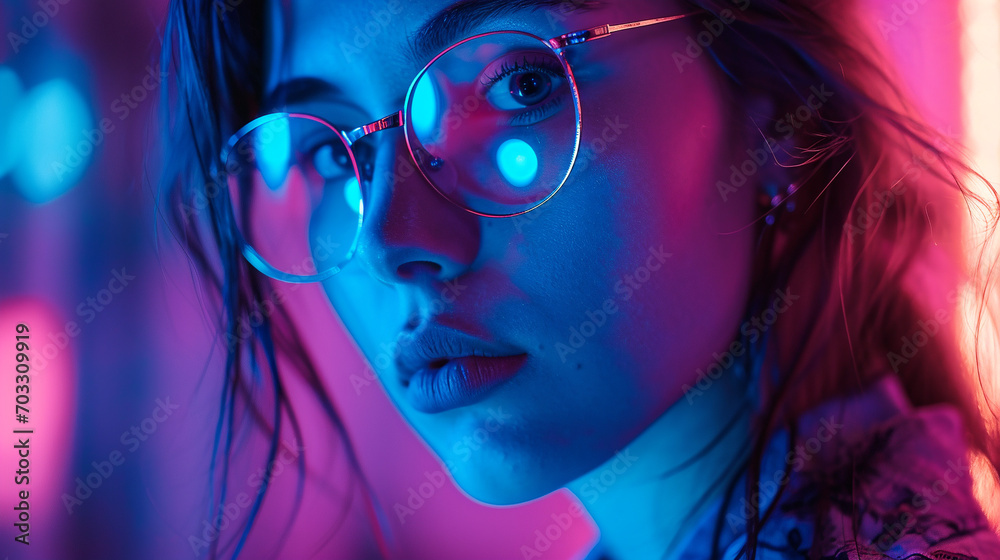 beautiful girl in glasses on whom blue and pink neon light falls beautiful girl in glasses on whom blue and pink neon light falls