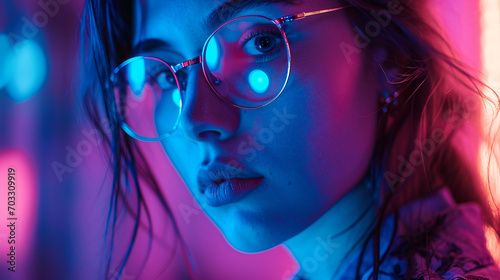 beautiful girl in glasses on whom blue and pink neon light falls