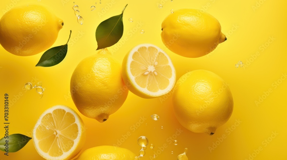 a group of lemons cut in half on a yellow background with water splashing around the whole lemons. a group of lemons cut in half on a yellow background with water splashing around the whole lemons.