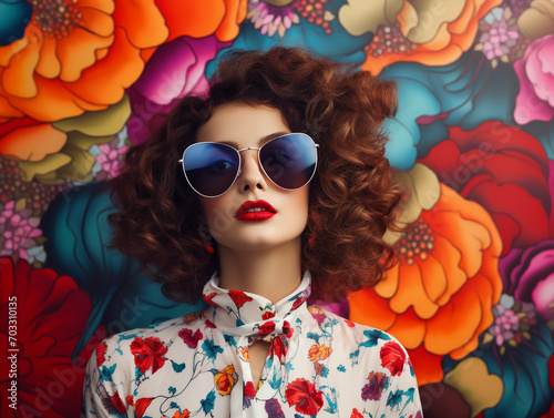 Dreamy woman with curly hair, red lipstick and oversized sunglasses against an abstract multicolored floral backdrop 
