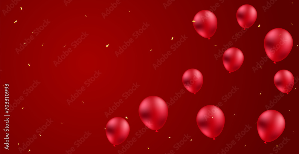 Many Falling Golden Tiny Confetti And Red Balloon Isolated On White Background. Vector