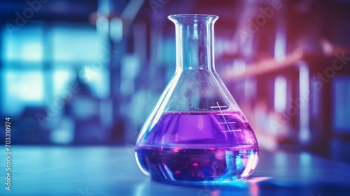 Close-up of glass flasks with a purple chemical in a modern scientific medical laboratory. New drug development, research, pharmaceuticals, biotechnology, microbes, biology, chemistry concepts.