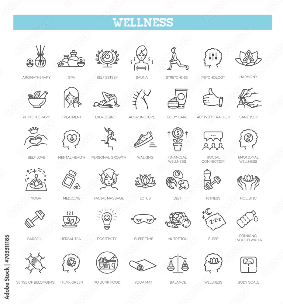 Obraz premium Wellness icons. Wellbeing, mental health, healthcare, cosmetics, spa, medical