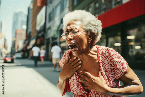 Elderly woman has a heart attack on the street on a summer day photo