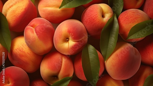  a pile of peaches with green leaves on top of them and a few peaches in the middle of the pile.