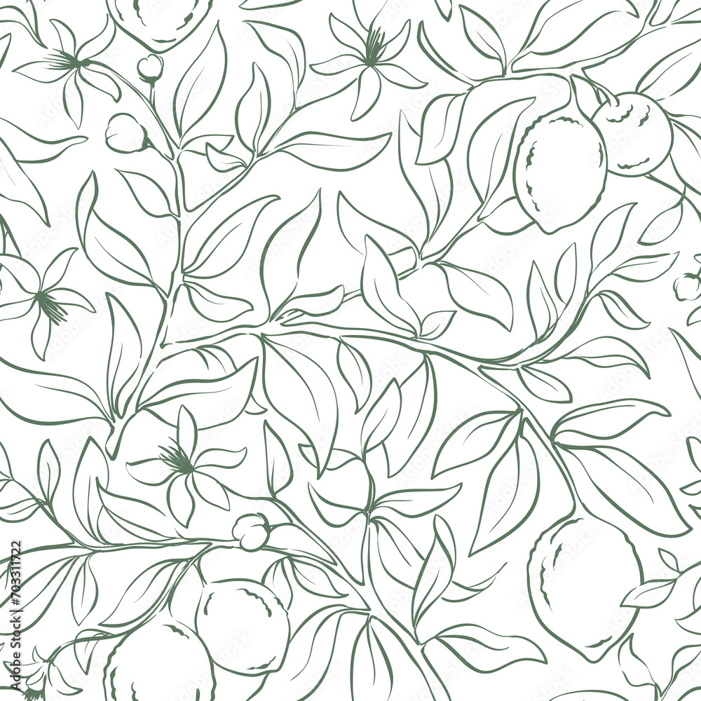 Summer pattern with lemon branch. Background with citrus fruits, vector illustration, seamless print, sketch in lines, freehand drawing.