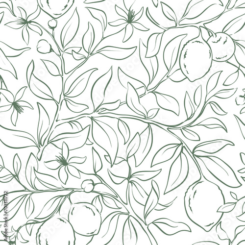 Summer pattern with lemon branch. Background with citrus fruits  vector illustration  seamless print  sketch in lines  freehand drawing.