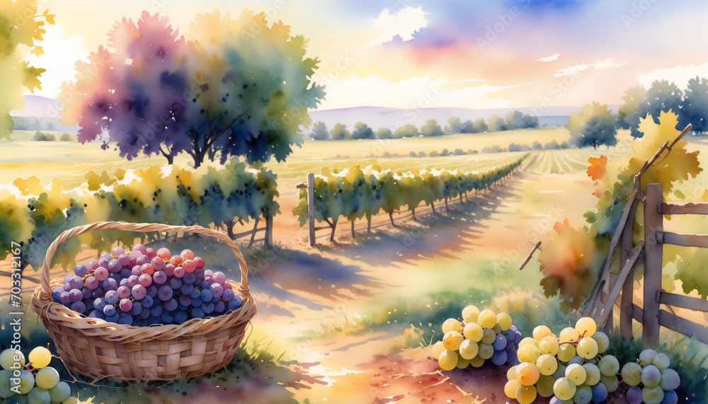 watercolor painting a pile of grapes sitting in a basket in the field garden - obrazy, fototapety, plakaty 