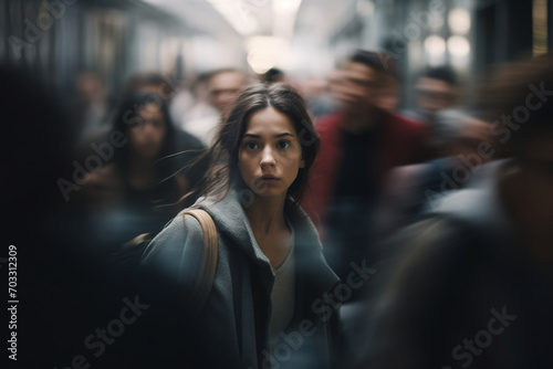 A woman with a fearful expression on her face amid a rushing crowd, people rushing past, depicting the concept of fear, agoraphobia, shock, or loneliness photo
