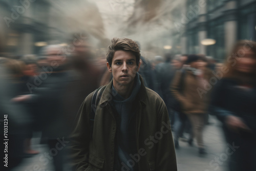 A man with a fearful expression on his face amid a rushing crowd, people rushing past, depicting the concept of fear, agoraphobia, shock, or loneliness