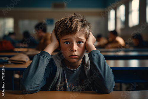 A young boy during a lesson in his classroom at school looking nervous and overwhelmed